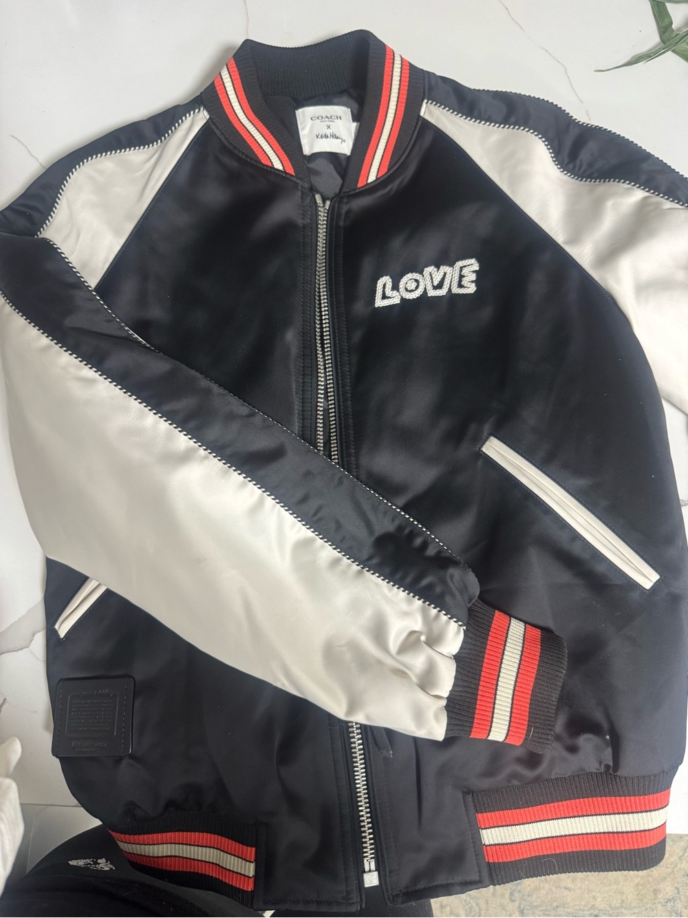 Coach Black and Cream Satin 'LOVE' Bomber Jacket with Red Trim
